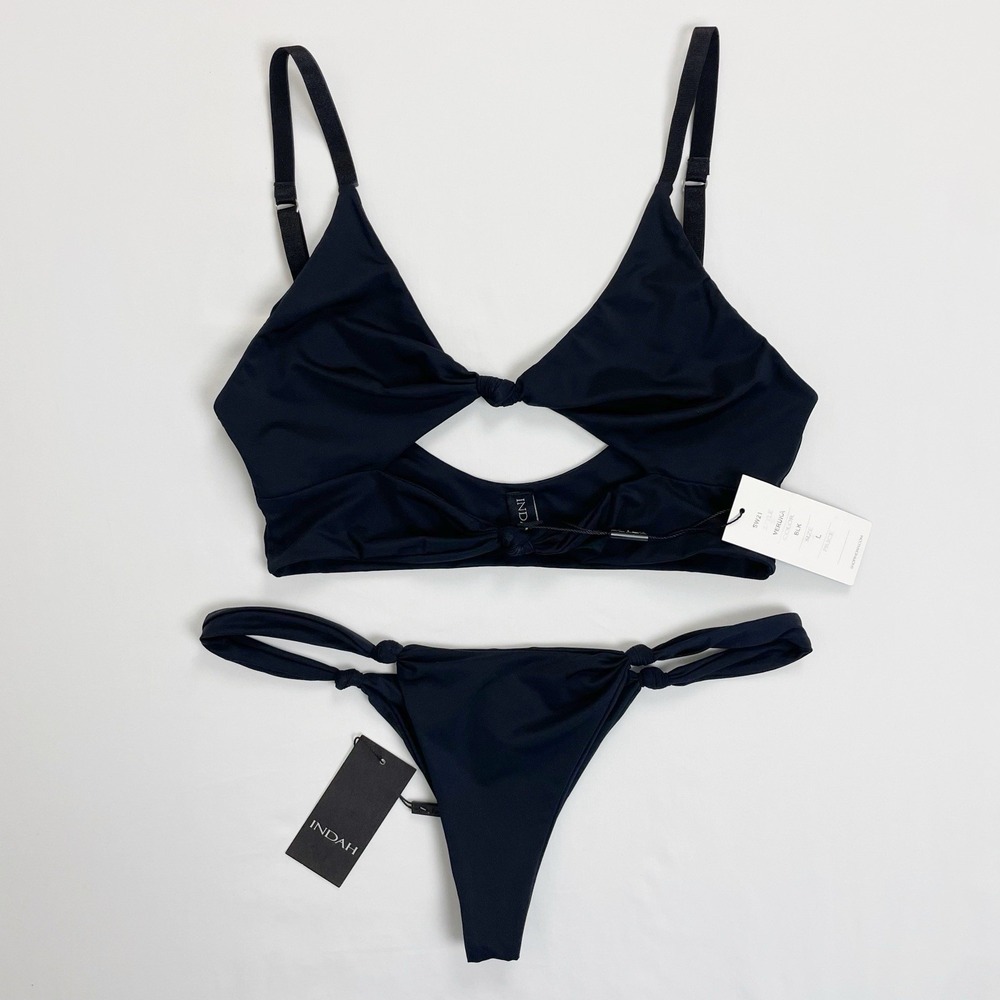 NWT Indah Black Knotted Thong Bikini Black  Size Large Veruca Aura Swimsuit